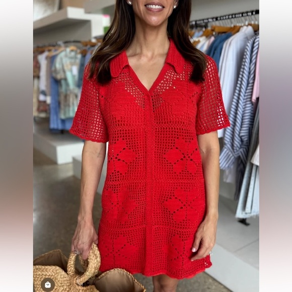 Cleobella Ileanna Crochet Cotton Knit Short Sleeve Collar Mini Dress Poppy Red - Picture 1 of 12